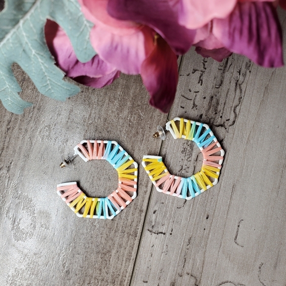 NWT Pastel Octogonal Raffia Open Hoop Earrings Purple Blue Green Orange Yellow - Picture 1 of 11